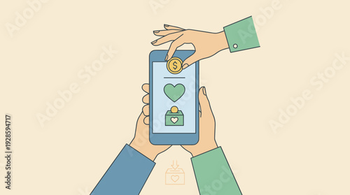 Online Charity Donation Concept with a Woman Putting a Gold Coin into a Smartphone Screen Held by Hands, Representing Digital Philanthropy, Crowdfunding, and Mobile Support for Social Causes.