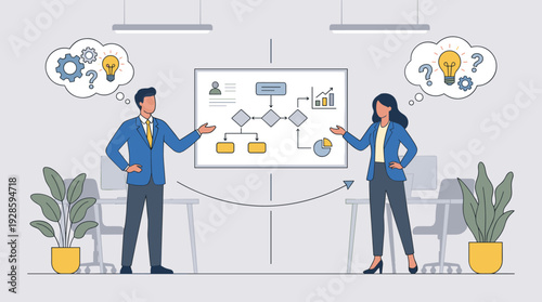 Corporate communication between coworkers concept with businessman and businesswoman having a dialog about project management and strategy using a flowchart on a whiteboard in a modern office.