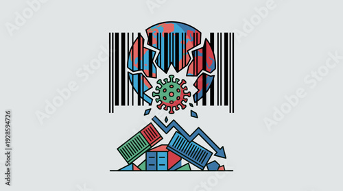 Vector illustration of the global economic recession and supply chain crisis due to COVID-19, showing a shattered barcode earth, falling trade arrow, and stacked shipping containers on a gray