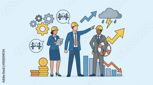 Crisis management leadership to manage disaster situation and challenge to overcome difficulty in economy. Business team in hard hats planning strategy for risk assessment and recovery growth.