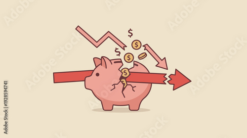 Economic Crisis and Financial Loss Concept with a Broken Piggy Bank and Downward Arrow. Savings Depletion, Stock Market Crash, Inflation, and Bankruptcy Illustration for Business Finance.