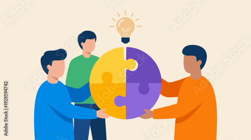 Business Teamwork and Collaboration Concept with People Fitting Together Jigsaw Puzzle Pieces to Find a Solution and Generate New Ideas, Innovation, Synergy, and Creative Problem Solving.