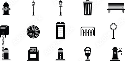 A collection of black vector icons representing various urban street furniture and infrastructure elements.