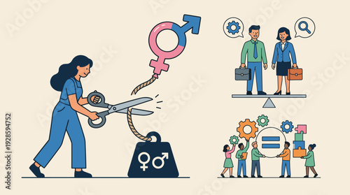Gender Equality Concept Illustration with Woman Cutting Rope to Release Gender Symbol Balloon from Weight, Featuring Scenes of Workplace Balance, Diversity, and Collaborative Teamwork