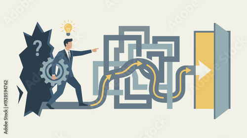 Businessman Finding Solutions and Exit from Crisis Concept, Navigating Complex Path to Success, Professional Solving Problems with Innovation, Strategy, and Creative Thinking Illustration