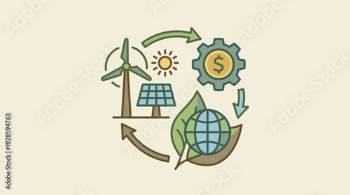 Sustainable economic growth concept with green energy sources like wind turbines and solar panels, circular economy with green finance, global ecology, and environmental conservation illustration.