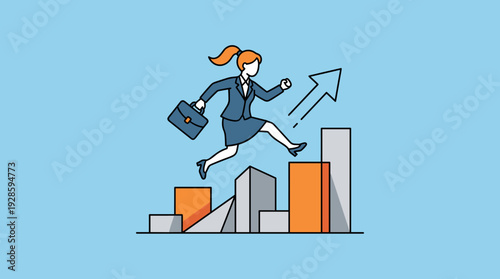 Businesswoman Jumping Over Bar Chart Obstacles Representing Career Growth, Success, and Overcoming Challenges in a Professional Environment. Minimalist Vector Illustration of Female Ambition.