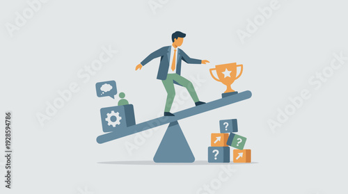 Professional Manager Balancing on a Lever with a Trophy and Gear Icons, Illustrating Business Strategy, Risk Assessment, Leadership Skills, Problem Solving, and Success in Corporate Management.