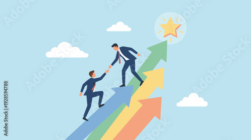 Business leader helping a colleague climb up rising arrows towards a glowing star, representing teamwork, mentorship, career growth, success, and achieving goals in a corporate environment.
