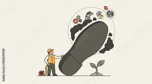 Conceptual Illustration of a Man Measuring a Giant Carbon Footprint Representing Industrial Pollution, CO2 Emissions, Climate Change, and the Negative Impact on Earth's Ecosystem and Nature.