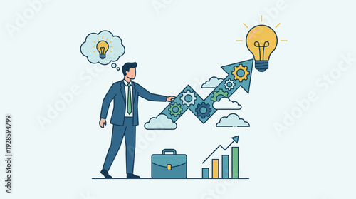 Businessman with Creative Idea and Innovation Concept for Business Growth. Illustration of Professional Man Pointing to a Rising Arrow with Gears and Lightbulb for Success and Strategy.