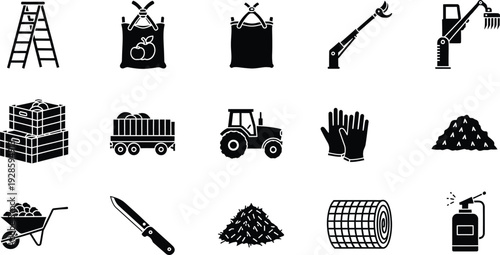 A collection of fifteen black and white icons representing various farming and gardening tools