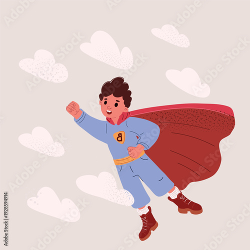 Cartoon vector illustration of superhero boy flying with cape representing strength, courage and dreams