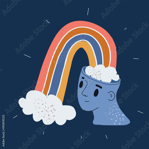 Cartoon vector illustration of a rainbow emerging from a head as a metaphor for imagination, creativity, and inspiration