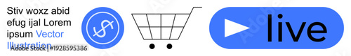 E-commerce, online shopping, live streaming, digital marketing, subscription services, and retail . Shopping cart, subscription symbol icon and live button design. E-commerce and live streaming