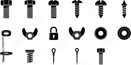 Collection of black and white hardware icons including bolts, screws, nuts, and washers