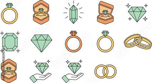 Diamond Jewelry and Engagement Ring Illustration Set with Wedding Bands, Gemstones, Proposal Symbols, and Luxury Accessories for Vector Design