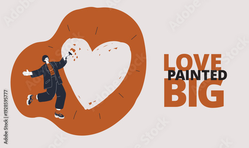 Cartoon vector illustration of a woman creating a big heart as a metaphor for self-expression, passion, and heartfelt creativity