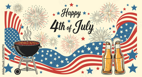 4th of July banner with grill, fireworks, and American flag