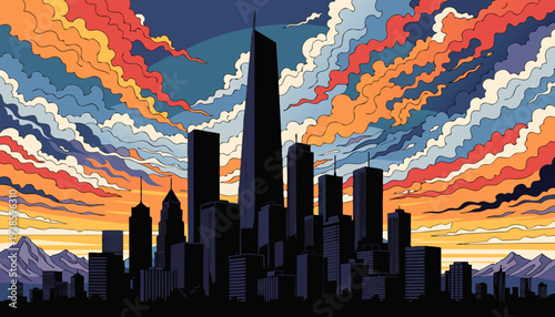 Surreal Urban Skyline Silhouette Against Vibrant Psychedelic Sunset Cloudscape Digital Artwork denver skyline vector