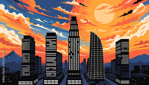 Vibrant Cityscape Skyline at Sunset with Dramatic Orange Clouds and Tall Modern Architecture Towers denver skyline vector