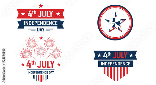 4th of July Independence Day icon set. Includes patriotic symbols, banners, and badges. Created in vector style with red, white, and blue palette