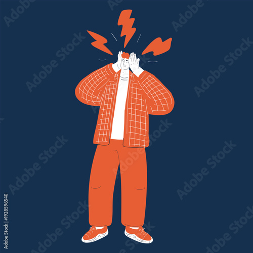 Cartoon vector illustration of a man with a headache metaphor for stress, overthinking, and mental exhaustion over dark background