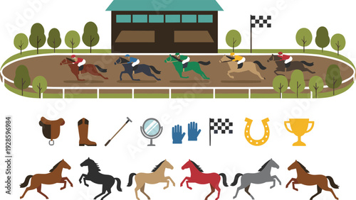 Horse Racing Illustration Set with Racetrack Scene, Jockeys, Galloping Horses, Competition Icons, and Championship Elements for Sports Vector Designs