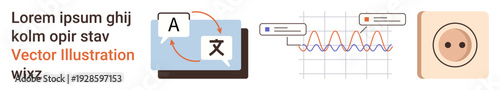 Language learning, data visualization, electronics, technology, communication, linguistics. Icons of translation, data graphs and a socket symbol. Language learning and data visualization concept