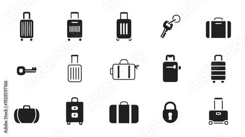 Collection of black and white icons representing travel luggage, bags, and a key on a white background