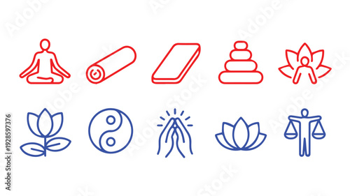 Line Art Icon Set for Yoga, Meditation, and Wellness Symbols of Mindfulness, Balance, and Spiritual Practice for a Healthy, Peaceful Lifestyle
