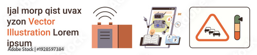 Education technology, AI, road safety, communication devices, learning, traffic alerts. AI tools, a wireless device and a traffic symbol. Education technology and road safety conceptual illustration