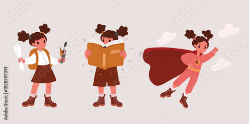 Cartoon vector illustration of a little schoolgirl reading a book, flying in a superhero costume through the sky, and standing with a paintbrush and paper as a symbol of curiosity, learning, creativit