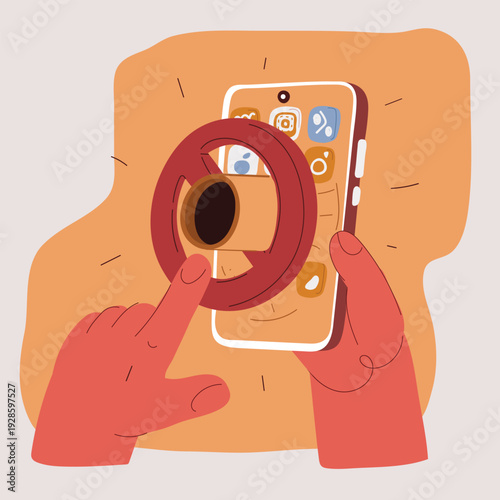 Cartoon vector illustration of hands holding a smartphone with a prohibition sign while using tunneling symbol of overcoming restrictions and digital freedom