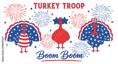 Patriotic turkeys icon set with fireworks