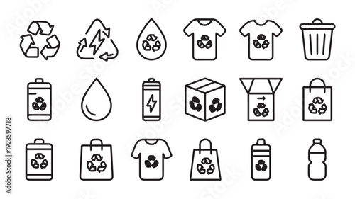 Set of recycling and environmental icons representing sustainability, waste management, and eco-friendly practices for a greener planet