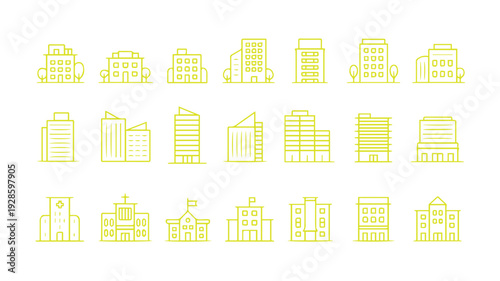 A comprehensive set of modern yellow line art building icons, featuring diverse architectural structures for urban and corporate design projects, vector illustration pack