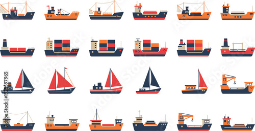 Cargo Ship and Fishing Boat Illustration Set with Container Vessels, Sailboats, and Marine Transport Designs for Nautical Vector Projects