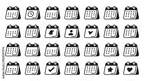 Collection of Black and White Calendar Icons Depicting Various Events and Tasks