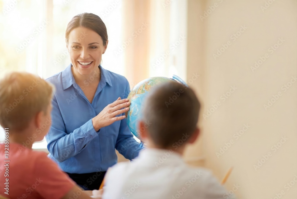 Obraz premium Smiling geography teacher showing a globe to two young students in a classroom