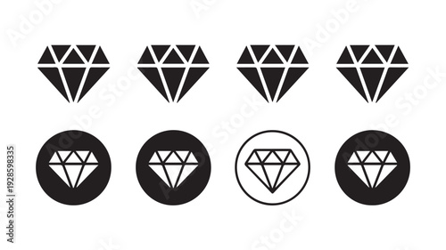 Set of diamond icons in solid black and outlined variations on a white background, symbolizing luxury and value