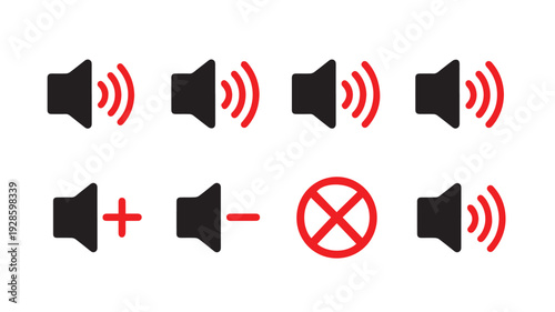 Collection of speaker and volume control icons, including sound on, sound off, volume up, volume down, and mute symbols