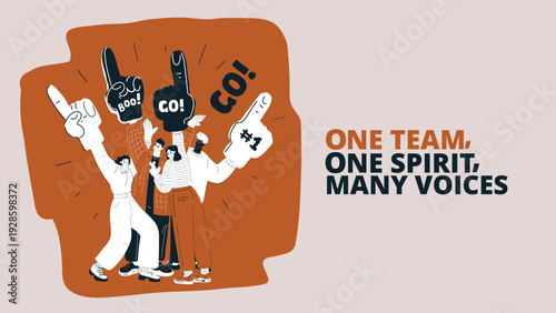 Cartoon vector illustration of people cheering with foam hands and shouting "GO" as a symbol of teamwork, motivation, and collective encouragement