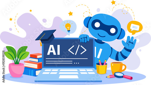 Artificial intelligence robot with laptop showing coding interface. Ideal for programming courses, SaaS platforms, tech websites, app UI, digital marketing