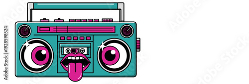 Turquoise and magenta boombox with large cartoon eyes and open mouth with tongue sticking out, isolated on white background