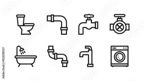 Comprehensive Set of Essential Outline Icons for Plumbing, Bathroom Fixtures, and Household Water Systems and Appliances