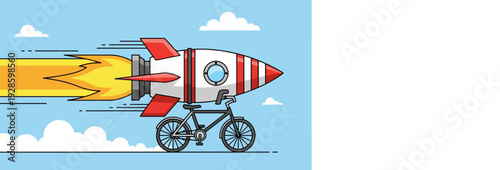 Cartoon style rocket attached to a bicycle with fiery exhaust speeding across a light blue sky with white clouds