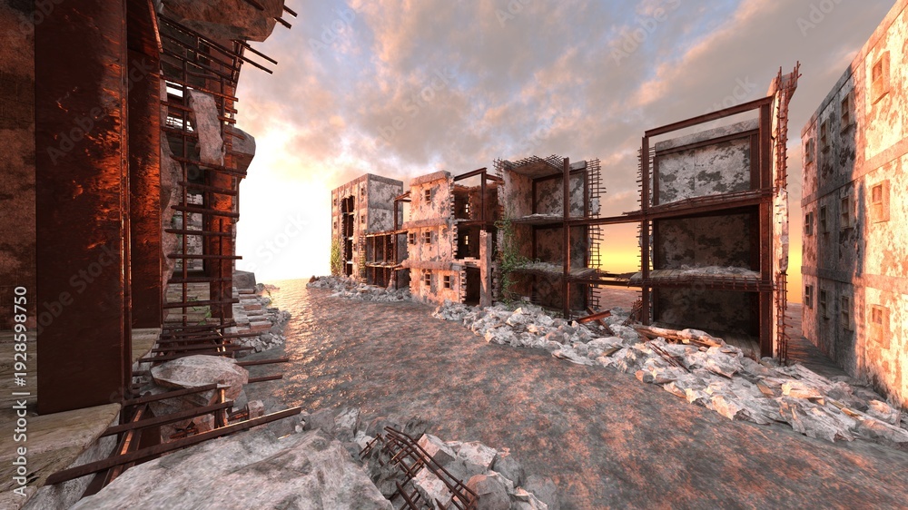 Fototapeta premium 荒廃した街の風景 3DCGレンダリング