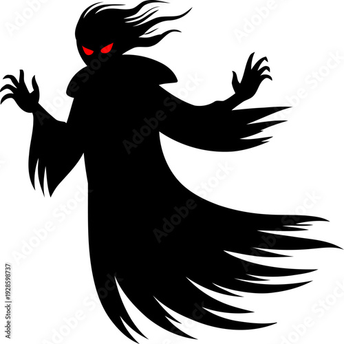 Crimson eye socket revenant suspended midair with extended talons poised, terrifying underworld phantom for horror poster graphics, gothic nightmare figure, deep ink silhouette artwork