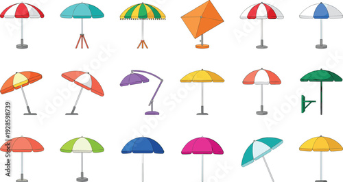 Colorful Beach Umbrella Illustration Set with Outdoor Sun Shades, Patio Parasols, and Summer Protection Designs for Vector Graphic Projects